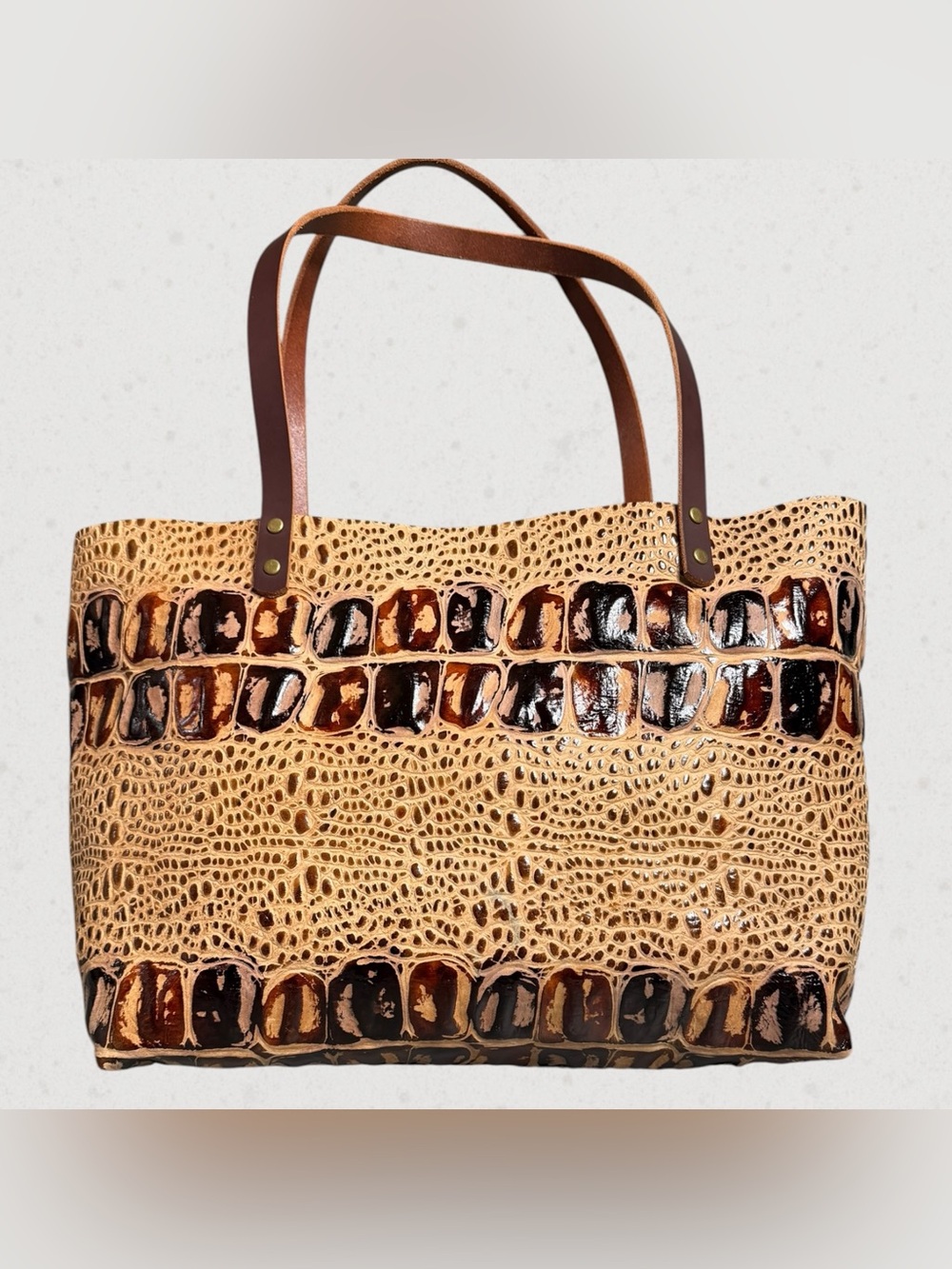 East West Tote in Tan and Brown Embossed Crocodile Full Grain Leather